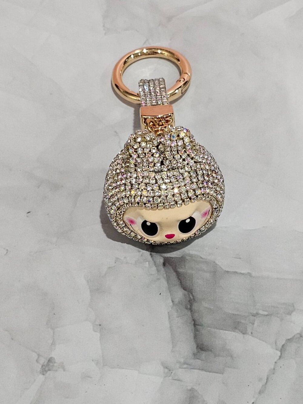 Labubu Face Inspired Rhinestone Keychain | Crystal Bling Character Bag Charm